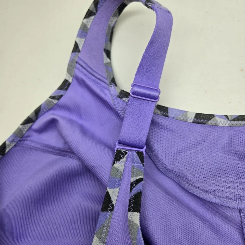 Glamorise Women Sports Bra 50DD Purple Geometric Wireless Adjustable Straps READ